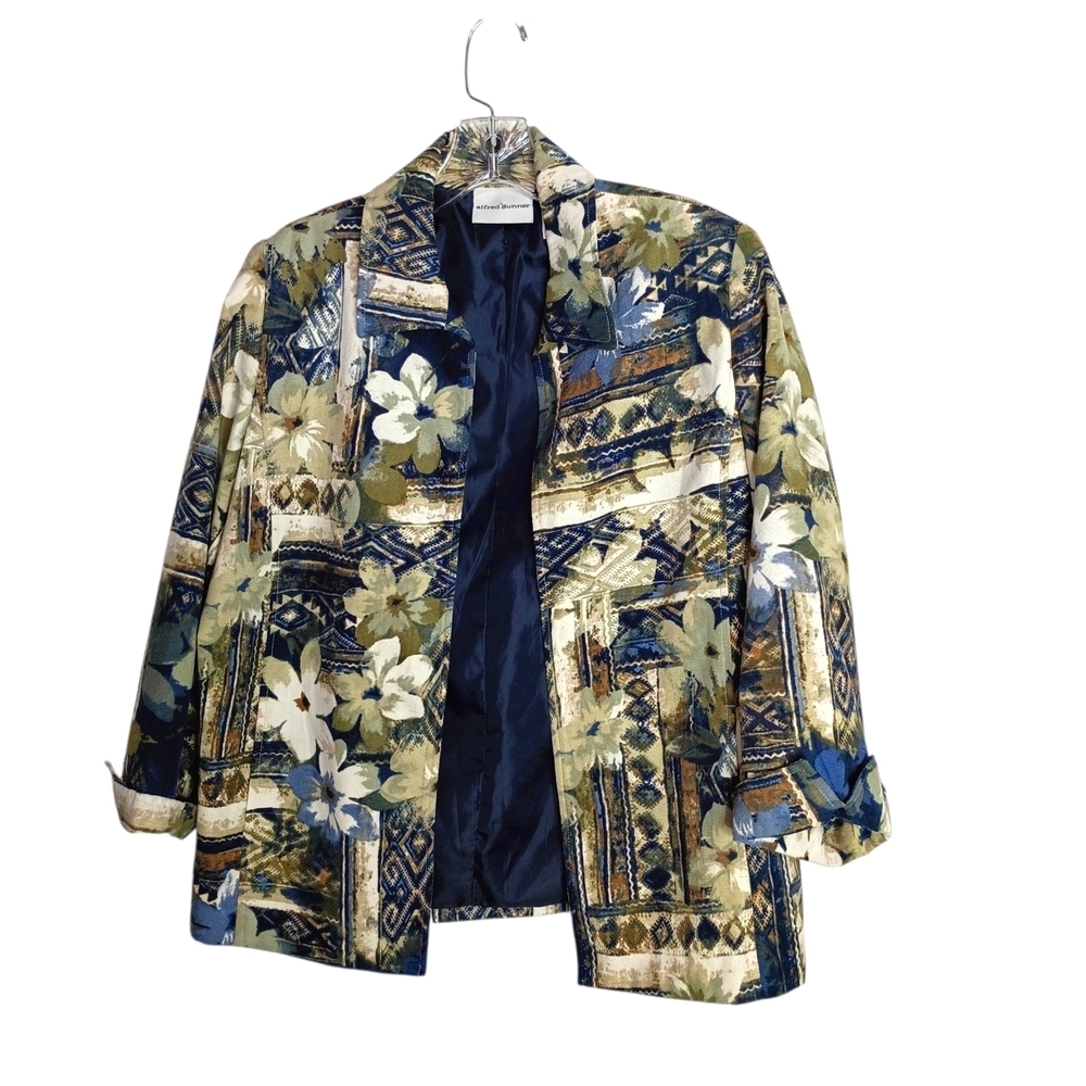 Alfred Dunner -Vintage-Inspired Floral Patchwork Jacket - Navy & Olive Sz 8